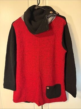Margaret Women's Red and Black Funnel Neck Knit Reversible Sweater w Pocket